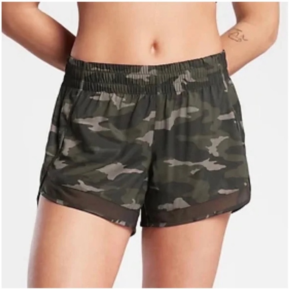 Athleta Printed Mesh Racer Run Olive Camo Shorts -  XL​